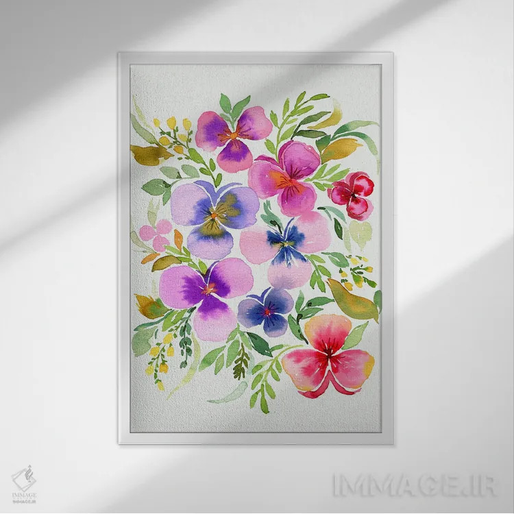 تابلو مدرن آبرنگ بنفشه های باغچه ای اثر نینولا دیزاین - نمای قابدار سفید