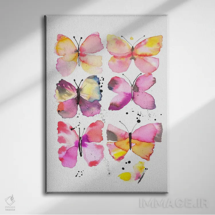 تابلو مدرن پروانه های جادویی آبرنگی اثر نینولا دیزاین - نمای روبهرو روی دیوار