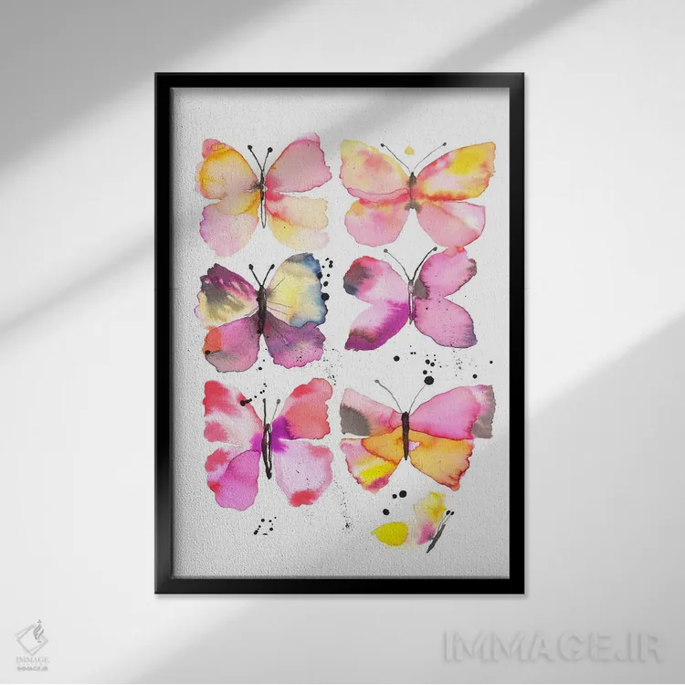 تابلو مدرن پروانه های جادویی آبرنگی اثر نینولا دیزاین - نمای قابدار مشکی