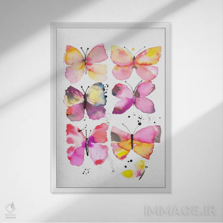 تابلو مدرن پروانه های جادویی آبرنگی اثر نینولا دیزاین - نمای قابدار سفید