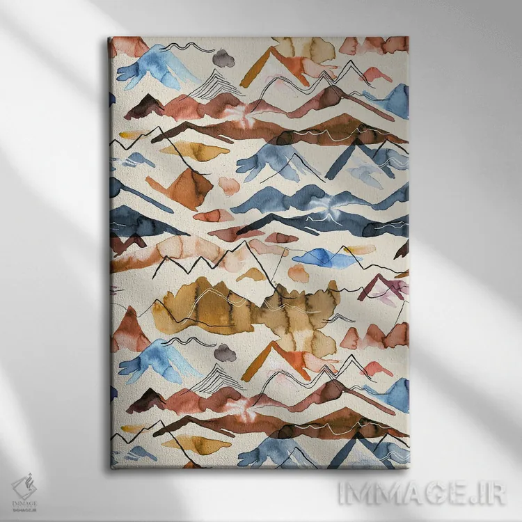 تابلو انتزاعی چشم انداز کوهستان غربی آبرنگی آبی اثر نینولا دیزاین - نمای روبهرو روی دیوار