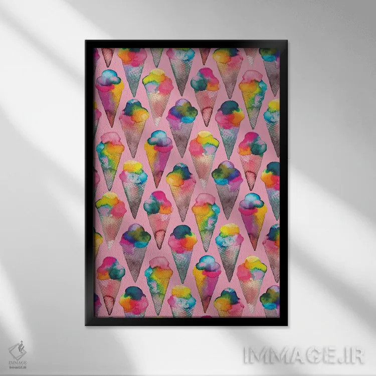 تابلو دکوراتیو بستنی قیفی صورتی اثر نینولا دیزاین - نمای قابدار مشکی