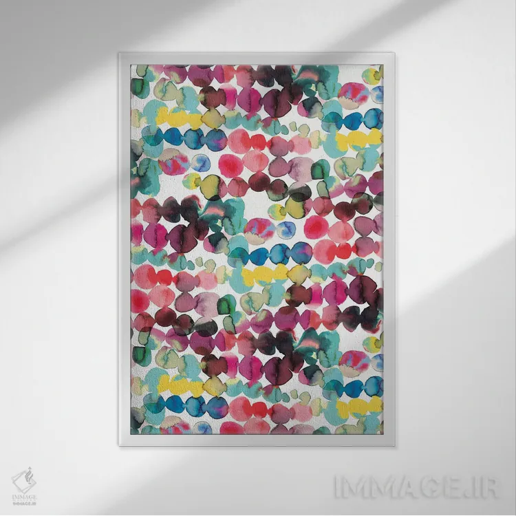 تابلو انتزاعی نقاط مرکب پخش شونده چندرنگ اثر نینولا دیزاین - نمای قابدار سفید