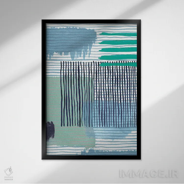 تابلو انتزاعی خطوط هندسی انتزاعی سبز اثر نینولا دیزاین - نمای قابدار مشکی