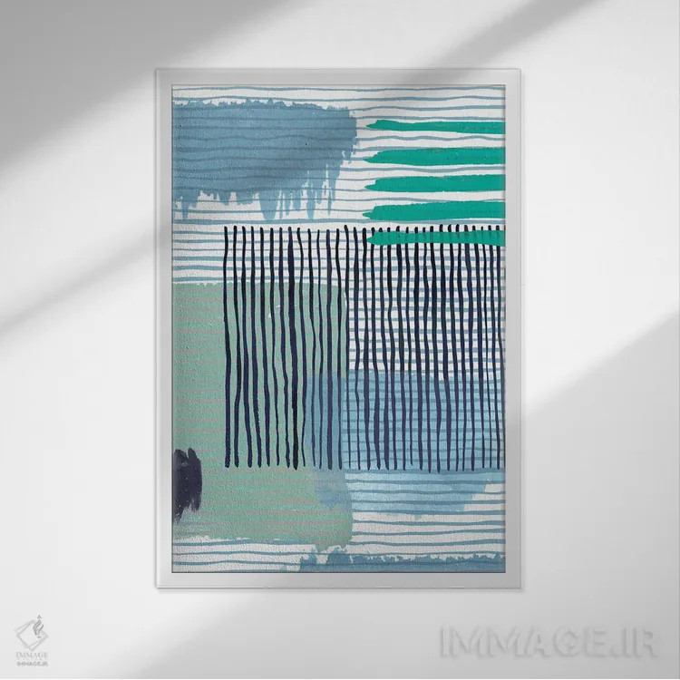 تابلو انتزاعی خطوط هندسی انتزاعی سبز اثر نینولا دیزاین - نمای قابدار سفید