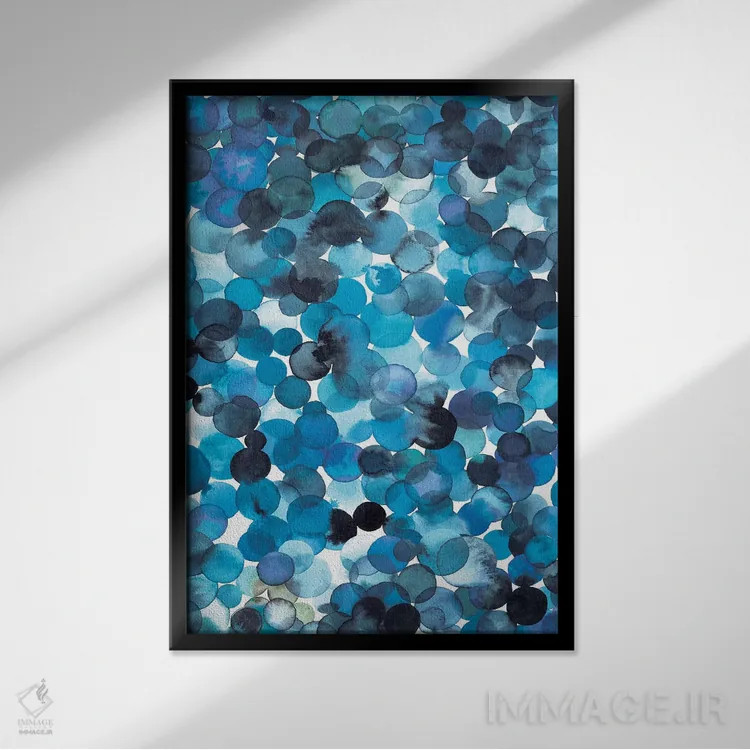 تابلو انتزاعی نقاط آبرنگی همپوشانی آبی اثر نینولا دیزاین - نمای قابدار مشکی