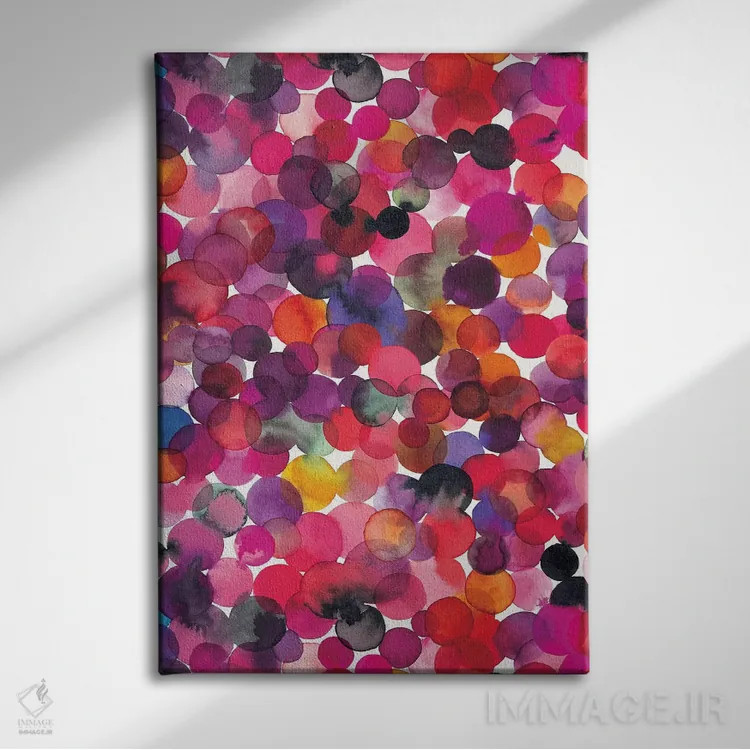 تابلو انتزاعی نقاط آبرنگی همپوشانی چندرنگ اثر نینولا دیزاین - نمای روبهرو روی دیوار