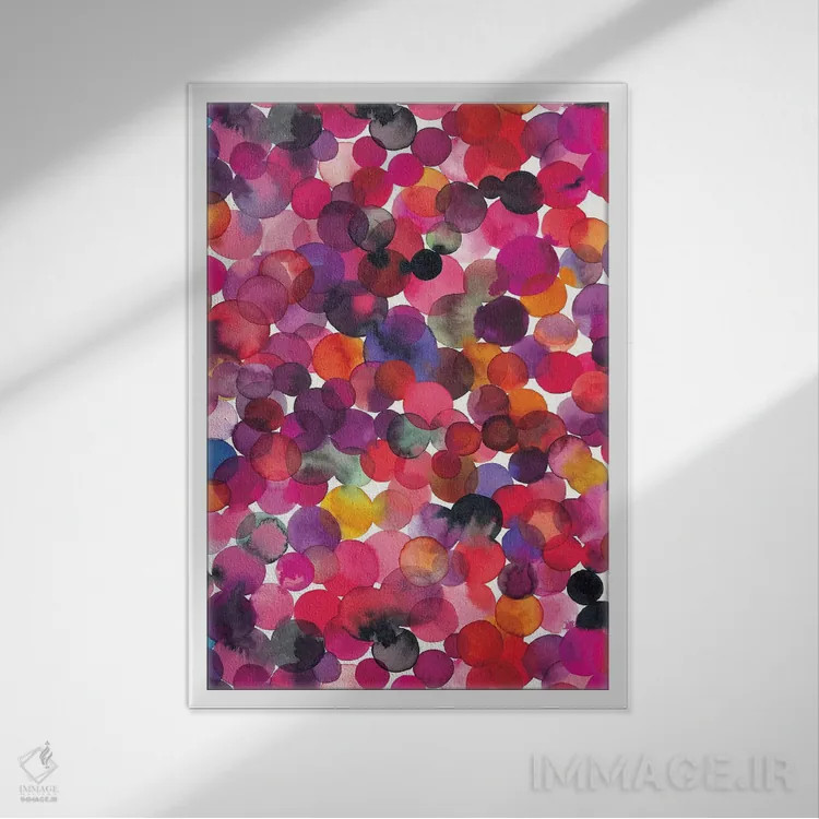 تابلو انتزاعی نقاط آبرنگی همپوشانی چندرنگ اثر نینولا دیزاین - نمای قابدار سفید