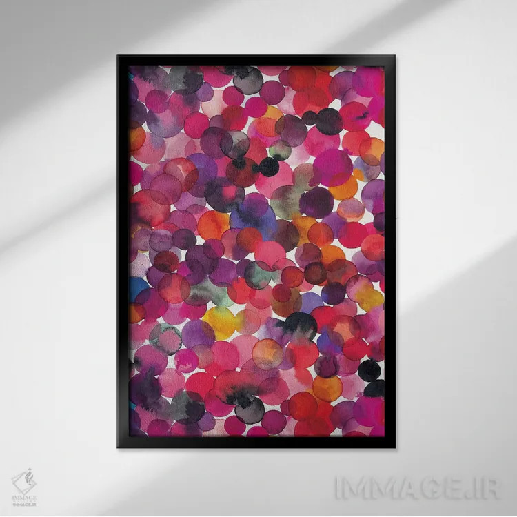 تابلو انتزاعی نقاط آبرنگی همپوشانی چندرنگ اثر نینولا دیزاین - نمای قابدار مشکی