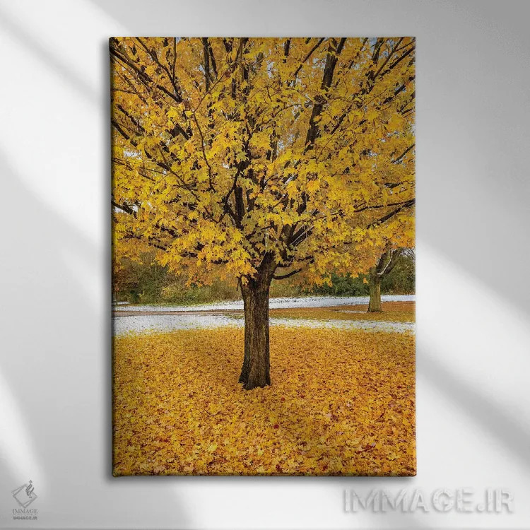 تابلو دکوراتیو شاخ و برگ زرد اثر نجدت دوزن - نمای روبهرو روی دیوار