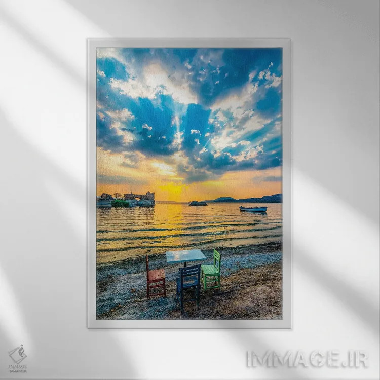 تابلو دکوراتیو غروب دریاچه ۳ اثر نجدت دوزن - نمای قابدار سفید