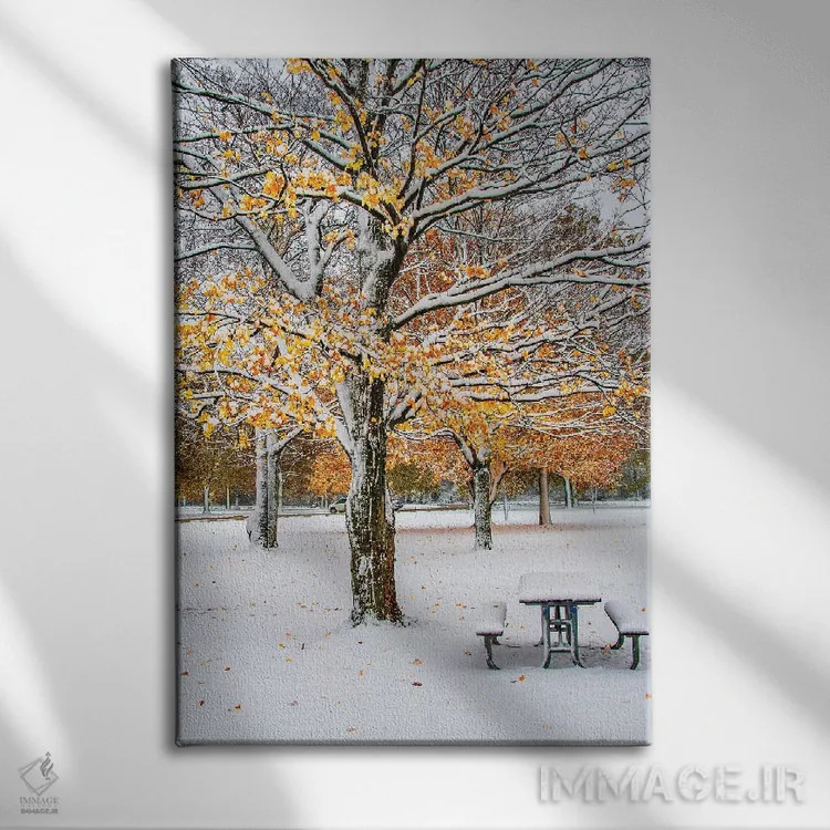 تابلو دکوراتیو پاییز و برف اثر نجدت دوزن - نمای روبهرو روی دیوار