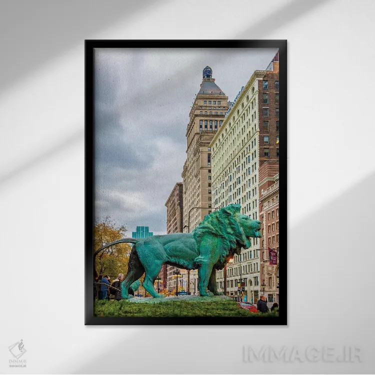 تابلو دکوراتیو شیر شیکاگو اثر نجدت دوزن - نمای قابدار مشکی