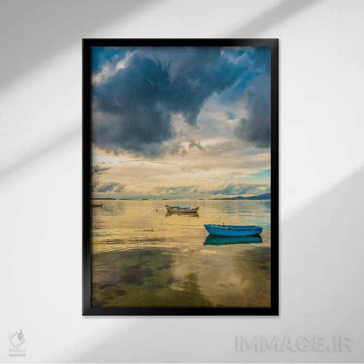 تابلو دکوراتیو قایق آبی اثر نجدت دوزن - نمای قابدار مشکی
