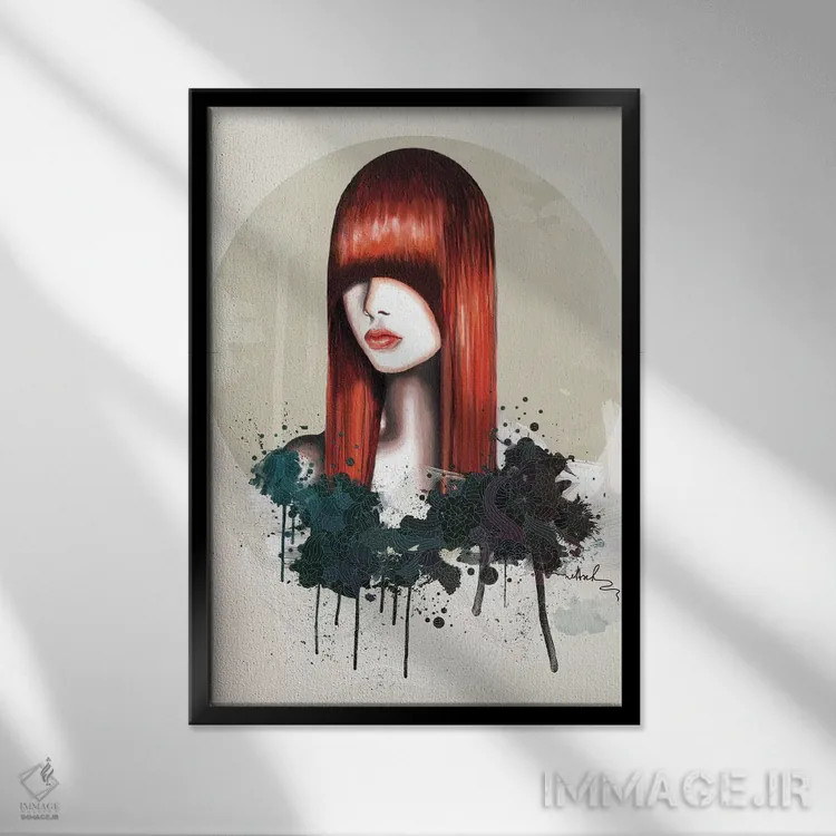 تابلو دکوراتیو موی قرمز اثر نتش - نمای قابدار مشکی