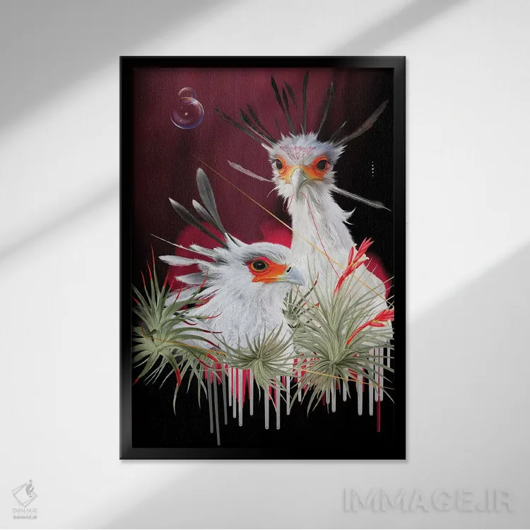 تابلو دکوراتیو پرندگان منشی اثر نتش - نمای قابدار مشکی