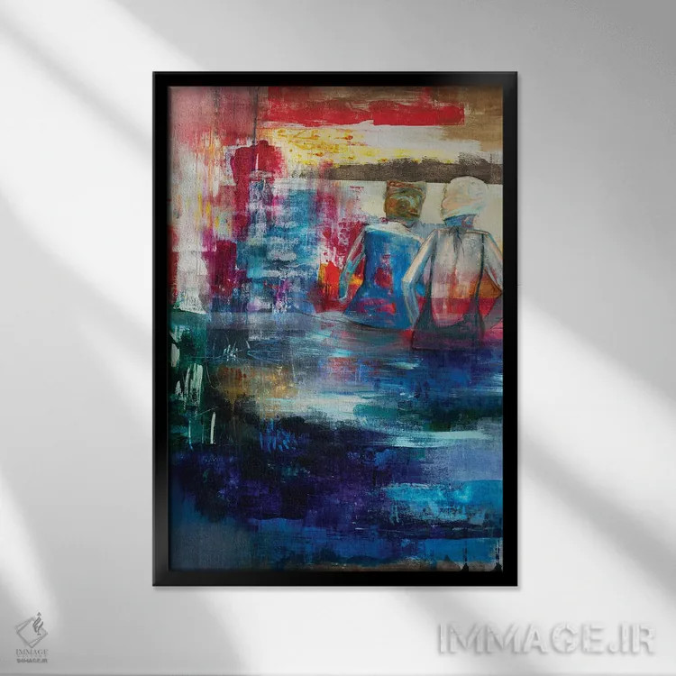 تابلو انتزاعی آیلین و دوستش کنار دریاچه اثر نانسی نگو - نمای قابدار مشکی