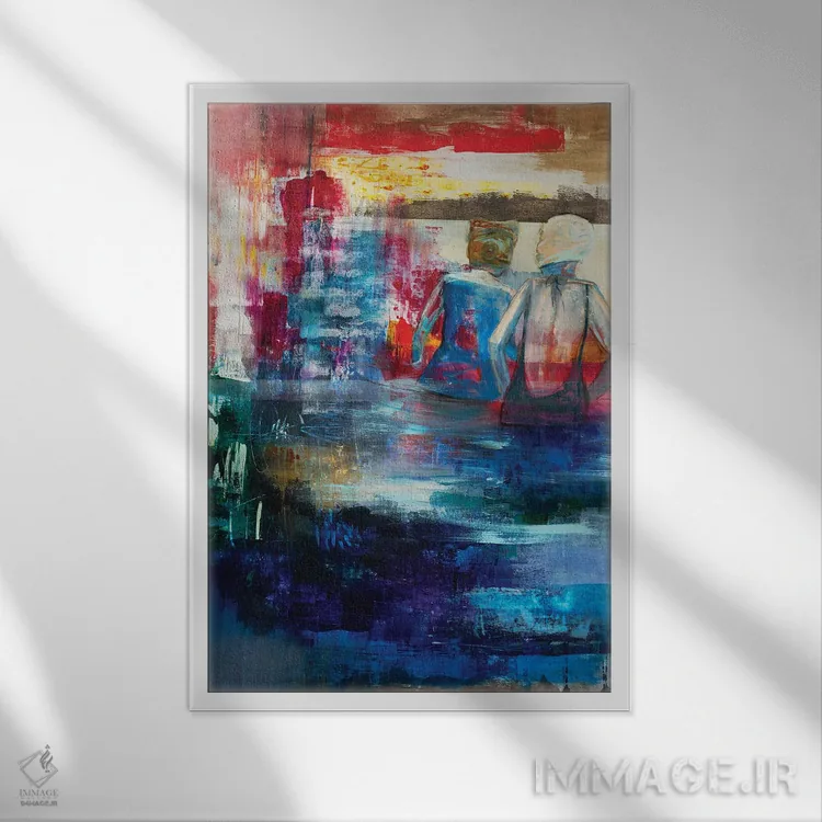 تابلو انتزاعی آیلین و دوستش کنار دریاچه اثر نانسی نگو - نمای قابدار سفید