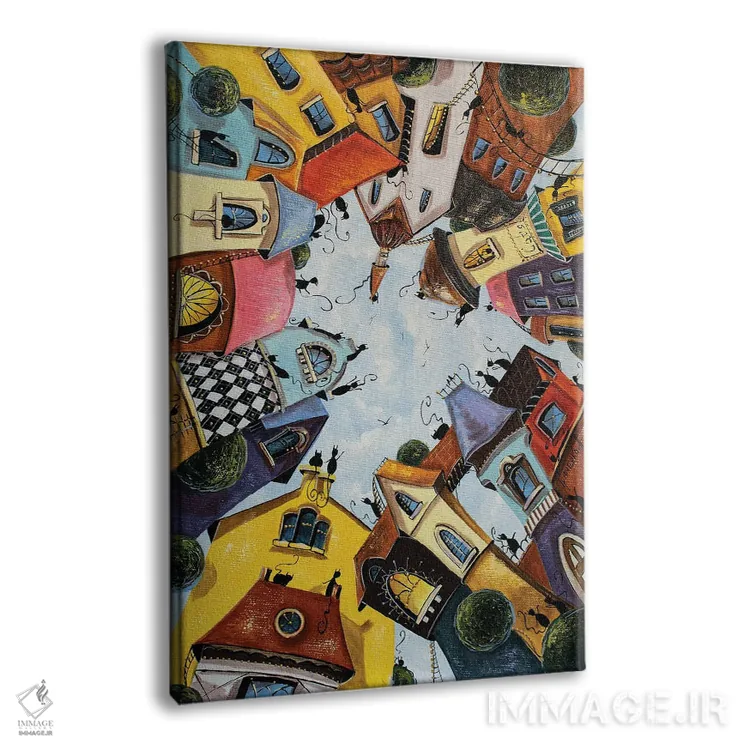 تابلو دکوراتیو خانه های رنگارنگ در شهر گربه ها اثر ناتالیا گرینچنکو - نمای پرسپکتیو محصول