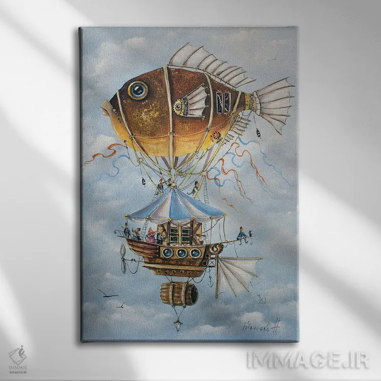 تابلو دکوراتیو سفری بسیار سرگرم کننده روی ماهی مکانیکی اثر ناتالیا گرینچنکو - نمای روبهرو روی دیوار