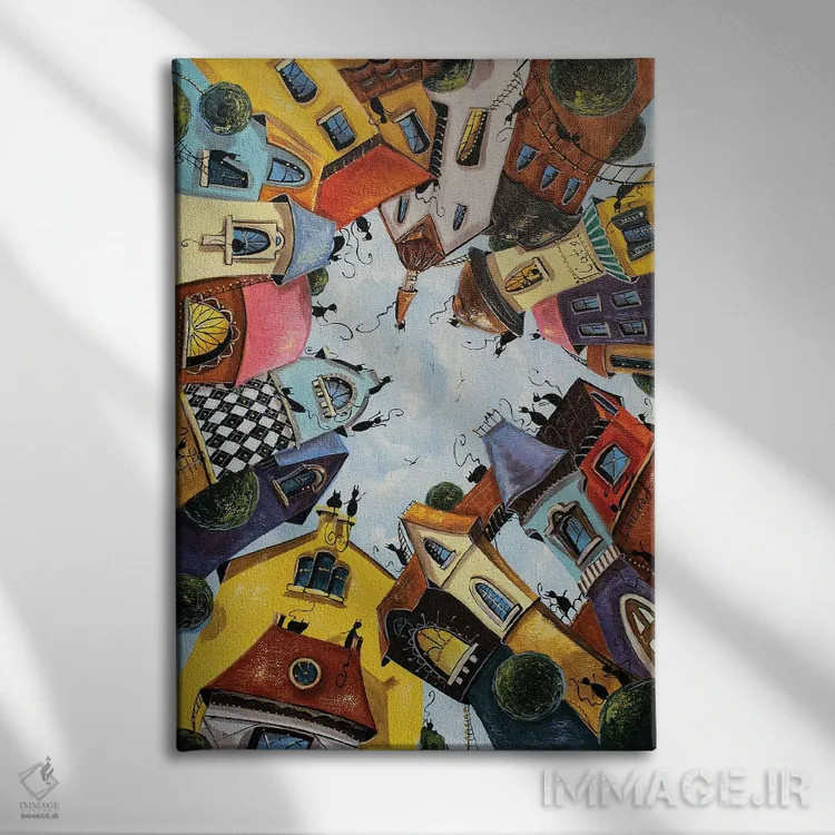 تابلو دکوراتیو خانه های رنگارنگ در شهر گربه ها اثر ناتالیا گرینچنکو - نمای روبهرو روی دیوار