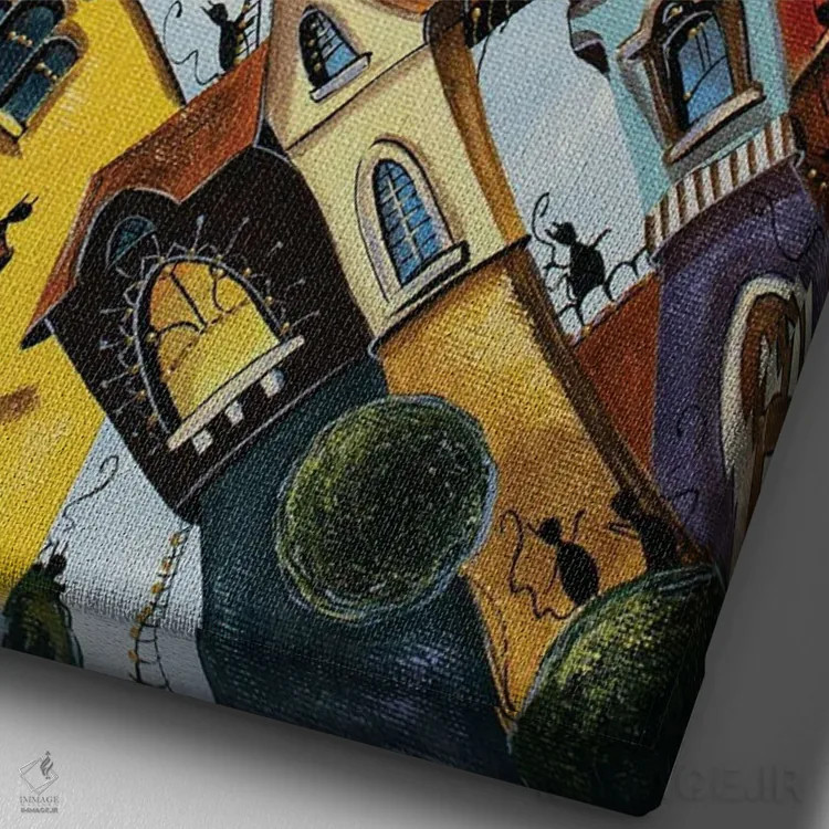 تابلو دکوراتیو خانه های رنگارنگ در شهر گربه ها اثر ناتالیا گرینچنکو - نمای نزدیک بافت بوم