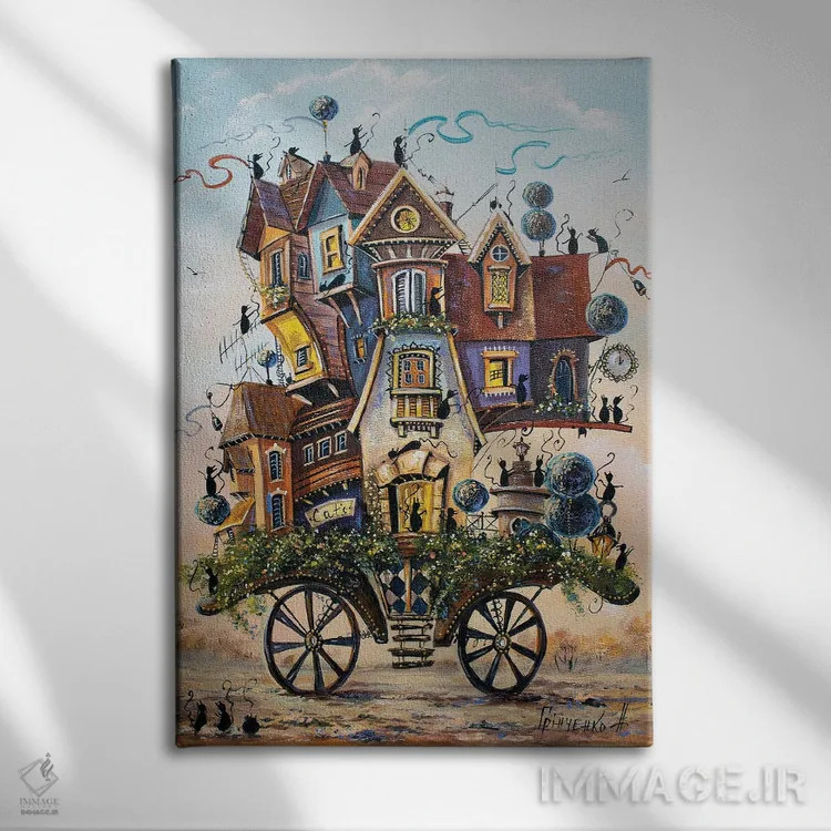 تابلو دکوراتیو سرگرمی جالب در شهر مسافرتی گربه ها اثر ناتالیا گرینچنکو - نمای روبهرو روی دیوار