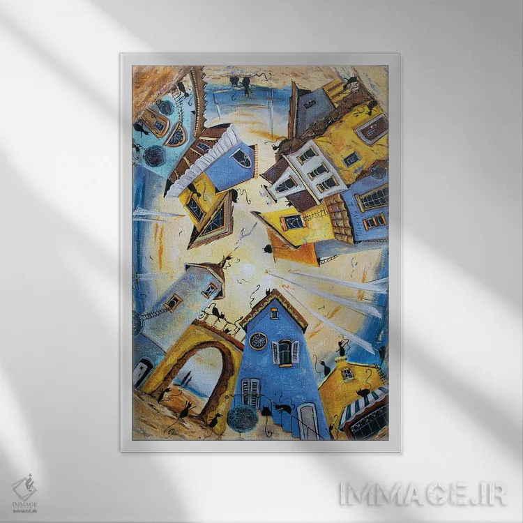 تابلو دکوراتیو تفریح ساحلی در شهر گربه ها اثر ناتالیا گرینچنکو - نمای قابدار سفید