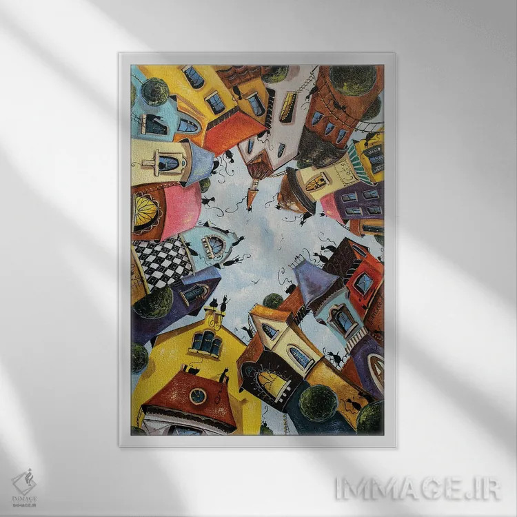 تابلو دکوراتیو خانه های رنگارنگ در شهر گربه ها اثر ناتالیا گرینچنکو - نمای قابدار سفید