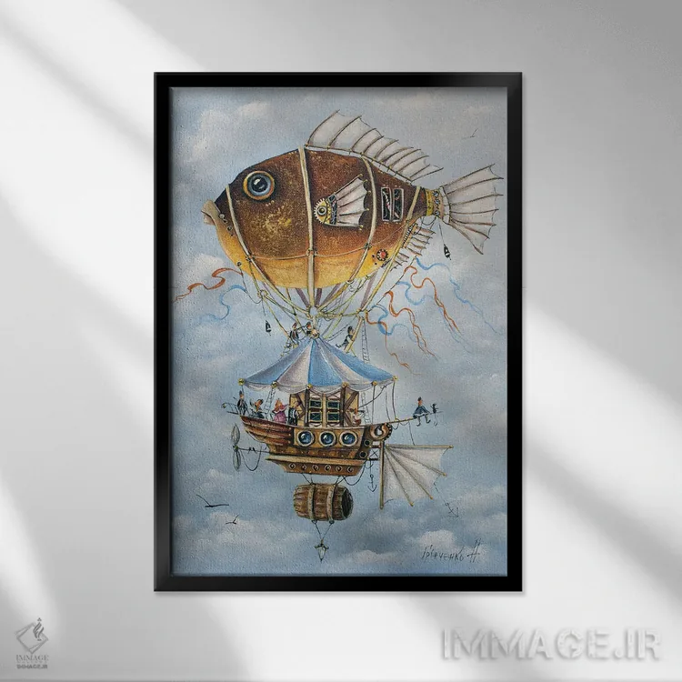 تابلو دکوراتیو سفری بسیار سرگرم کننده روی ماهی مکانیکی اثر ناتالیا گرینچنکو - نمای قابدار مشکی