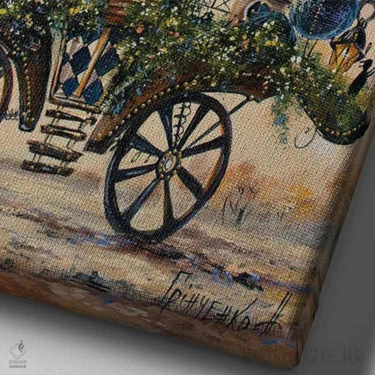 تابلو دکوراتیو سرگرمی جالب در شهر مسافرتی گربه ها اثر ناتالیا گرینچنکو - نمای نزدیک بافت بوم