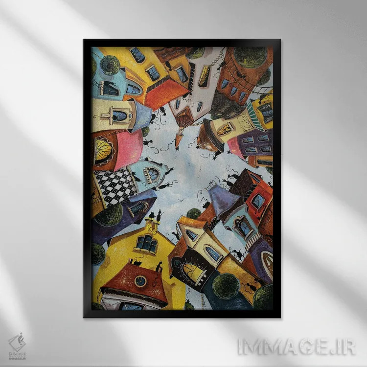 تابلو دکوراتیو خانه های رنگارنگ در شهر گربه ها اثر ناتالیا گرینچنکو - نمای قابدار مشکی