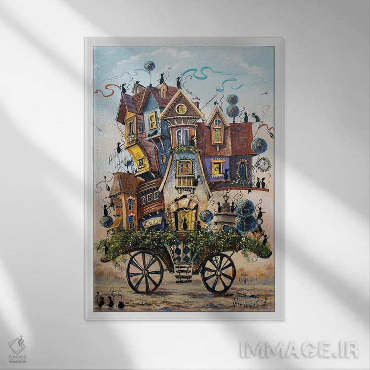 تابلو دکوراتیو سرگرمی جالب در شهر مسافرتی گربه ها اثر ناتالیا گرینچنکو - نمای قابدار سفید