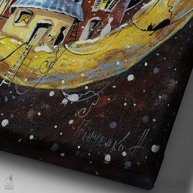 تابلو دکوراتیو ماجراجویی برفی در شهر قمری گربه ها اثر ناتالیا گرینچنکو - نمای نزدیک بافت بوم