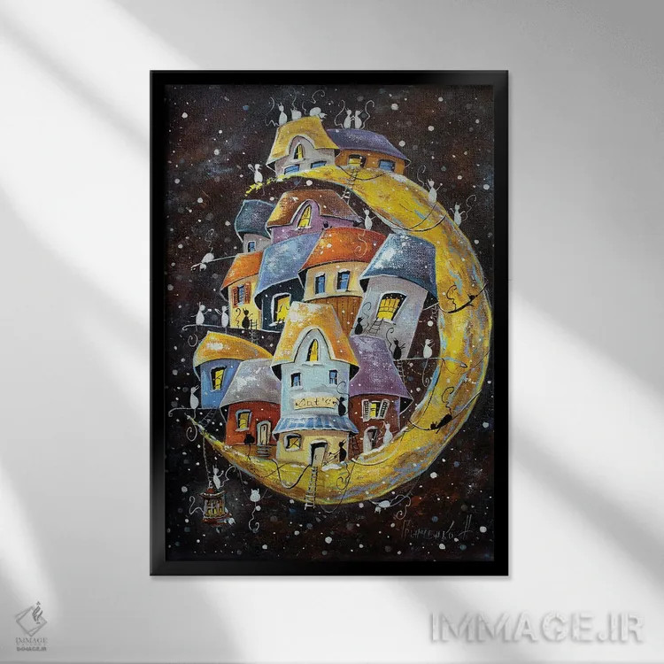 تابلو دکوراتیو ماجراجویی برفی در شهر قمری گربه ها اثر ناتالیا گرینچنکو - نمای قابدار مشکی