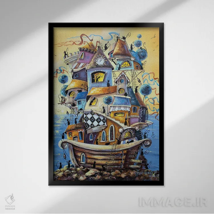 تابلو دکوراتیو شهر گربه ها به زودی در سفر دریایی است اثر ناتالیا گرینچنکو - نمای قابدار مشکی