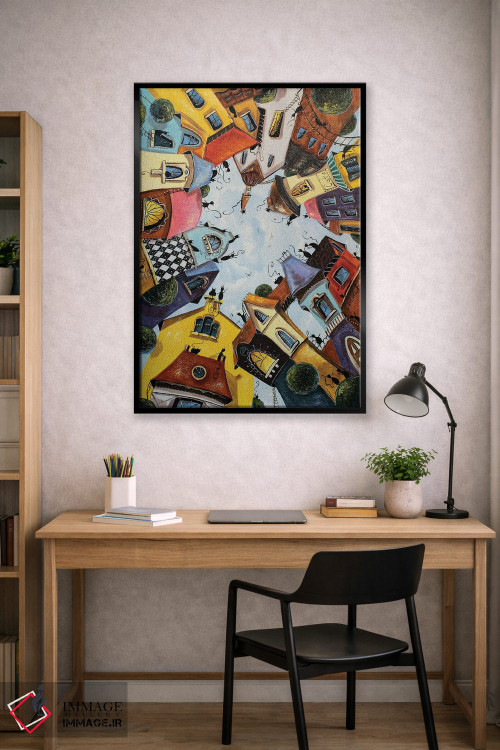تابلو دکوراتیو خانه های رنگارنگ در شهر گربه ها اثر ناتالیا گرینچنکو - D1B