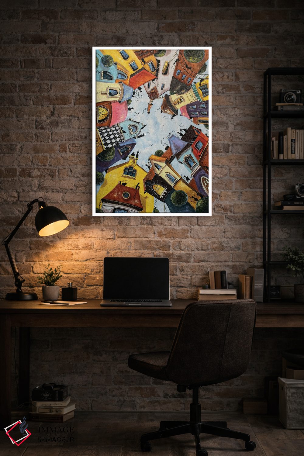 تابلو دکوراتیو خانه های رنگارنگ در شهر گربه ها اثر ناتالیا گرینچنکو - D2W