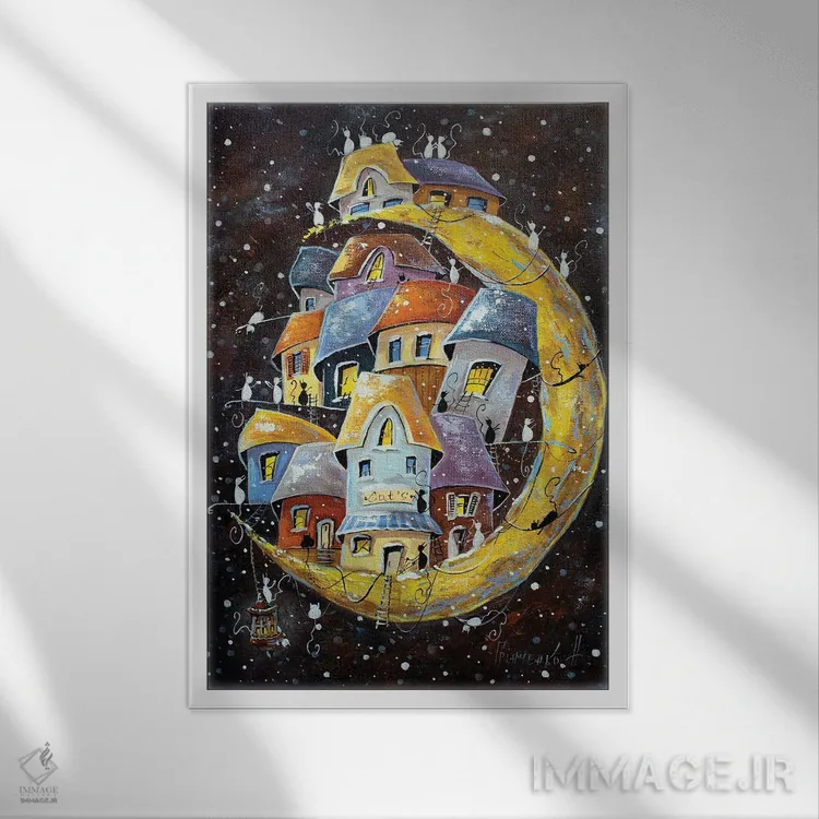 تابلو دکوراتیو ماجراجویی برفی در شهر قمری گربه ها اثر ناتالیا گرینچنکو - نمای قابدار سفید