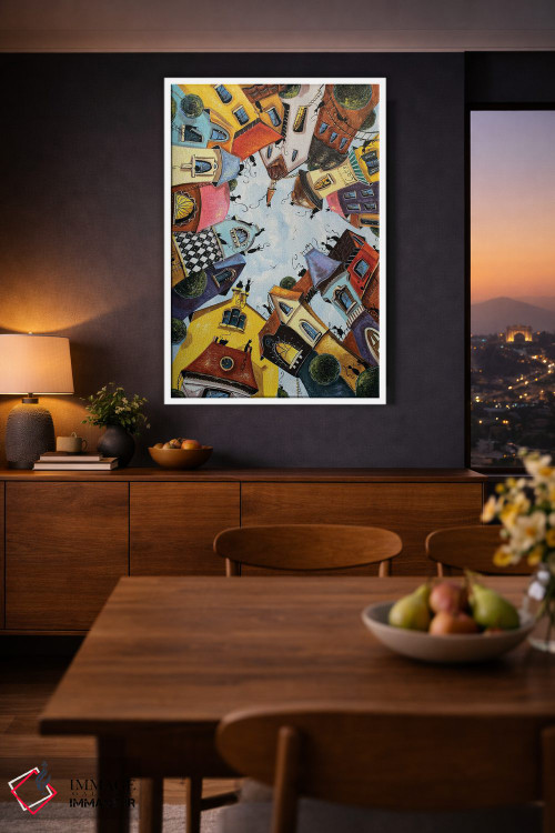 تابلو دکوراتیو خانه های رنگارنگ در شهر گربه ها اثر ناتالیا گرینچنکو - D3W