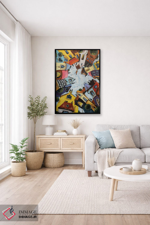 تابلو دکوراتیو خانه های رنگارنگ در شهر گربه ها اثر ناتالیا گرینچنکو - D4B