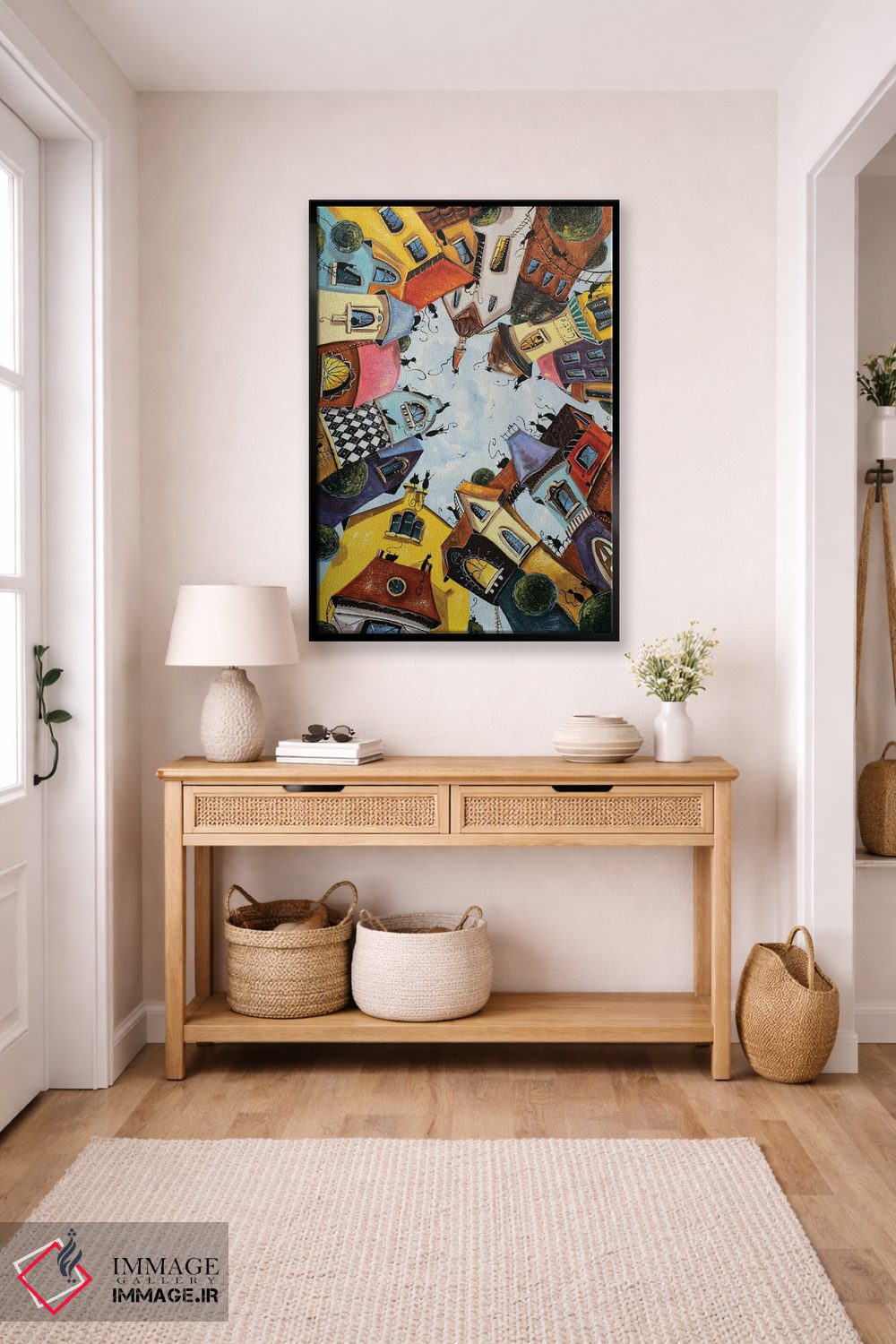 تابلو دکوراتیو خانه های رنگارنگ در شهر گربه ها اثر ناتالیا گرینچنکو - D6B