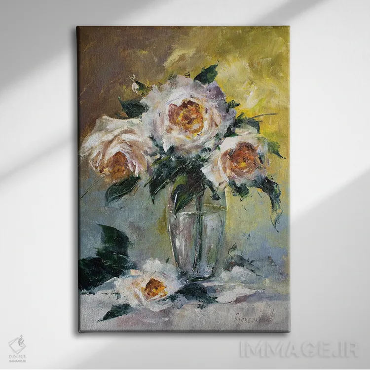 تابلو دکوراتیو دسته گل رز سفید اثر ناتالیا گرینچنکو - نمای روبهرو روی دیوار