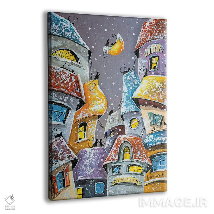 تابلو دکوراتیو تفریحات زمستانی در شهر گربه ها اثر ناتالیا گرینچنکو - نمای پرسپکتیو محصول