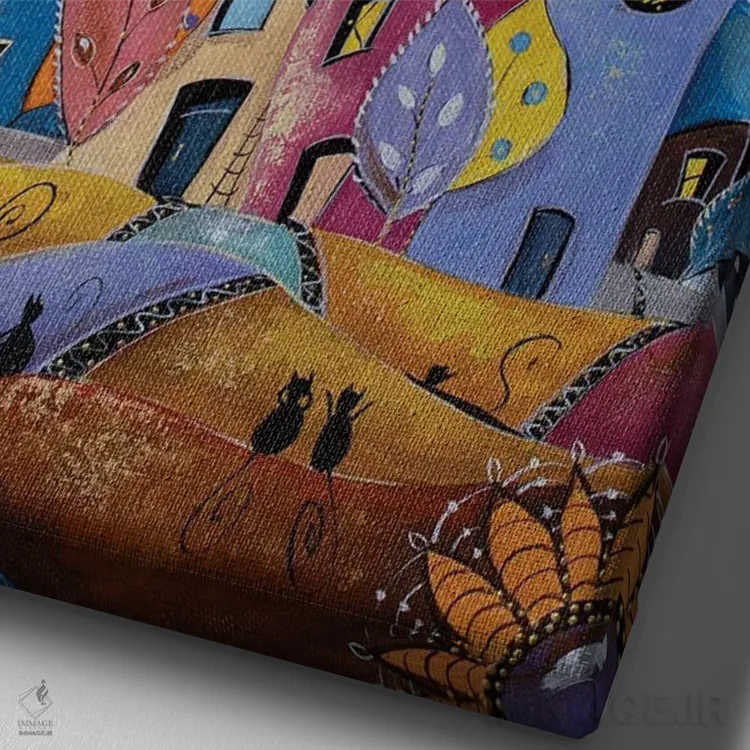 تابلو دکوراتیو شادترین شهر گربه ها اثر ناتالیا گرینچنکو - نمای نزدیک بافت بوم