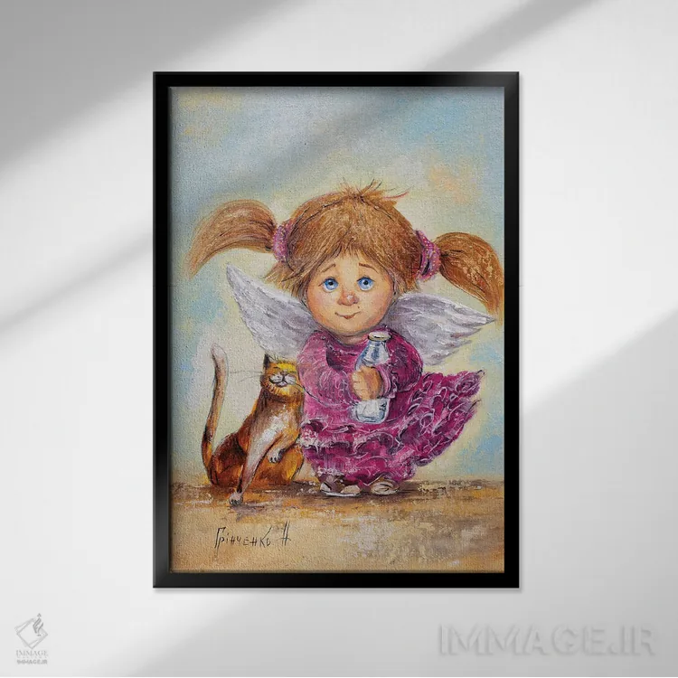 تابلو دکوراتیو فرشته نگهبان آرزوهای عزیز اثر ناتالیا گرینچنکو - نمای قابدار مشکی
