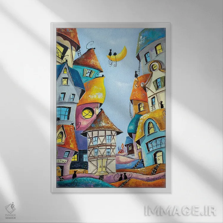 تابلو دکوراتیو لالایی در شهر گربه ها اثر ناتالیا گرینچنکو - نمای قابدار سفید