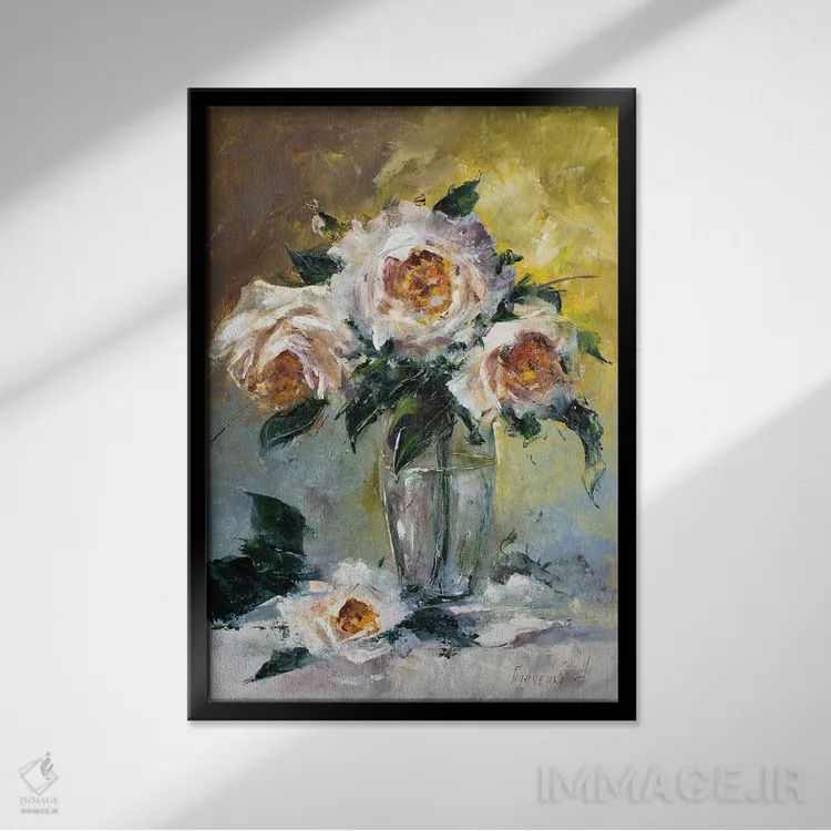 تابلو دکوراتیو دسته گل رز سفید اثر ناتالیا گرینچنکو - نمای قابدار مشکی