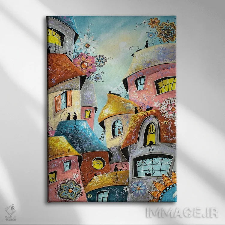 تابلو دکوراتیو حالت گلی در شهر گربه ها اثر ناتالیا گرینچنکو - نمای روبهرو روی دیوار