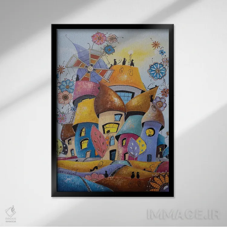 تابلو دکوراتیو شادترین شهر گربه ها اثر ناتالیا گرینچنکو - نمای قابدار مشکی